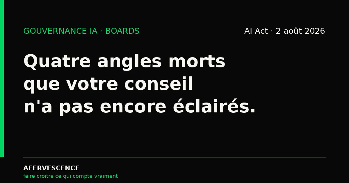Quatre projecteurs sombres dirigés vers une table de conseil vide, un seul faisceau allumé en vert acide, métaphore des angles morts du board sur l'IA.