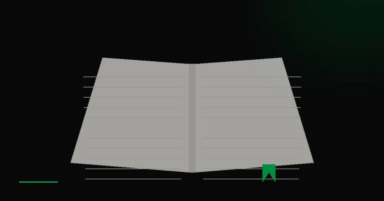 Livre ouvert posé à plat sur surface sombre, pages en mouvement, signet vert acide émergeant du milieu, métaphore cartographique sobre.