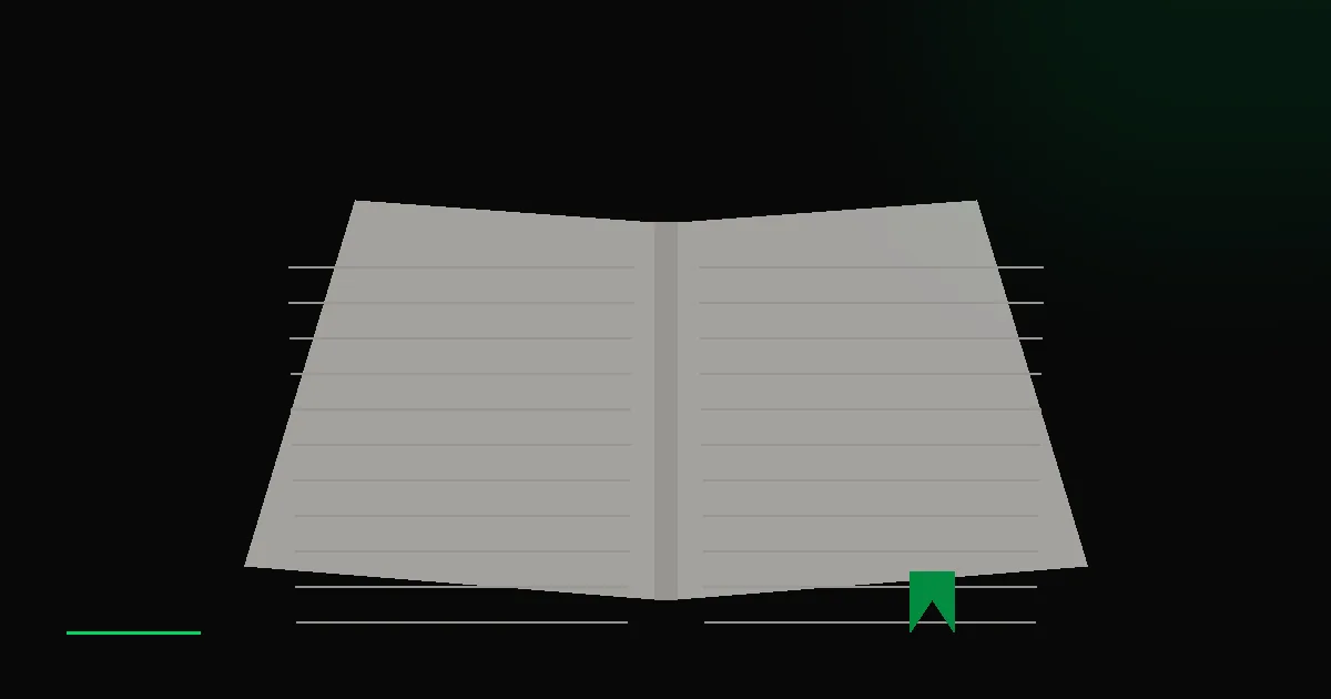Livre ouvert posé à plat sur surface sombre, pages en mouvement, signet vert acide émergeant du milieu, métaphore cartographique sobre.