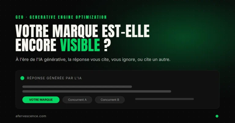 Réponse d'IA générative sur fond noir, une marque mise en avant en vert acide tandis que d'autres restent en gris, illustrant l'enjeu de visibilité GEO.