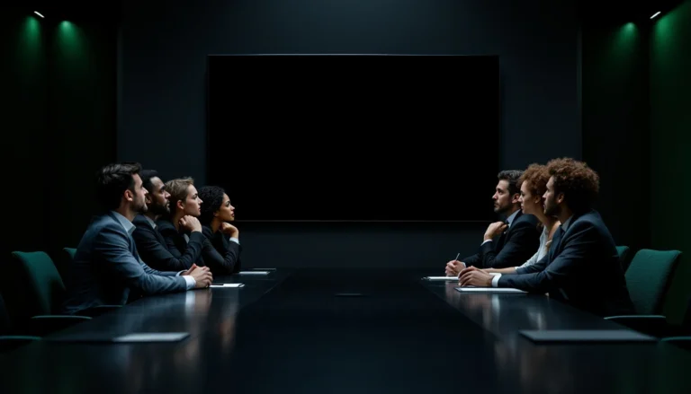 Comite de direction diversifie dans une salle sombre face a un grand ecran devenu noir, accent vert, metaphore d'une IA coupee