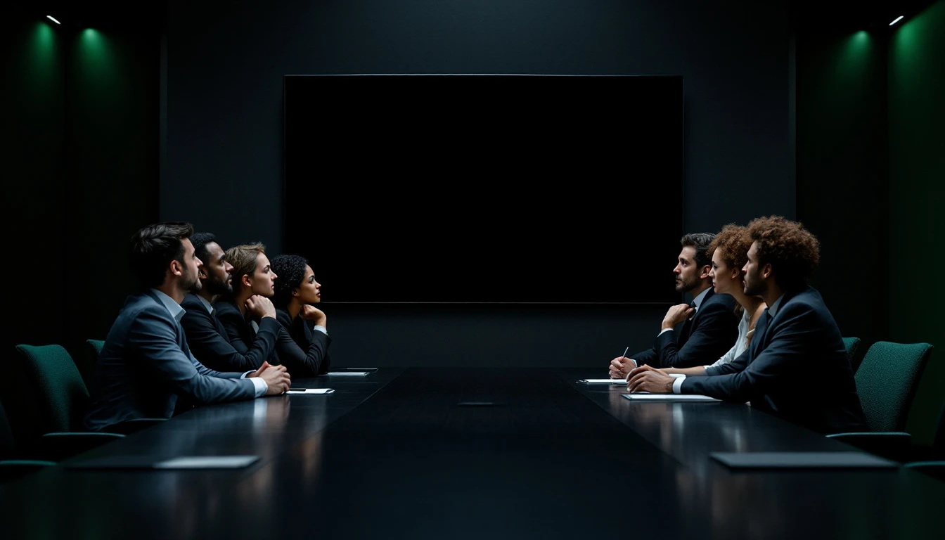 Comite de direction diversifie dans une salle sombre face a un grand ecran devenu noir, accent vert, metaphore d'une IA coupee