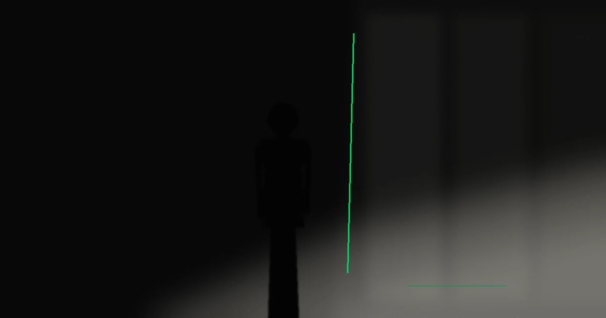 Silhouette de dos face à une paroi vitrée sombre traversée d'une fine ligne verte, lumière rasante, style éditorial