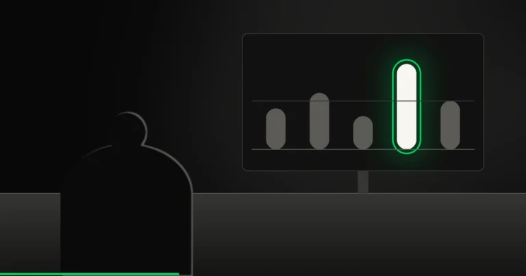 Silhouette de dos devant un écran affichant cinq jauges, dont une cernée de vert acide, palette Afervescence noir et crème.