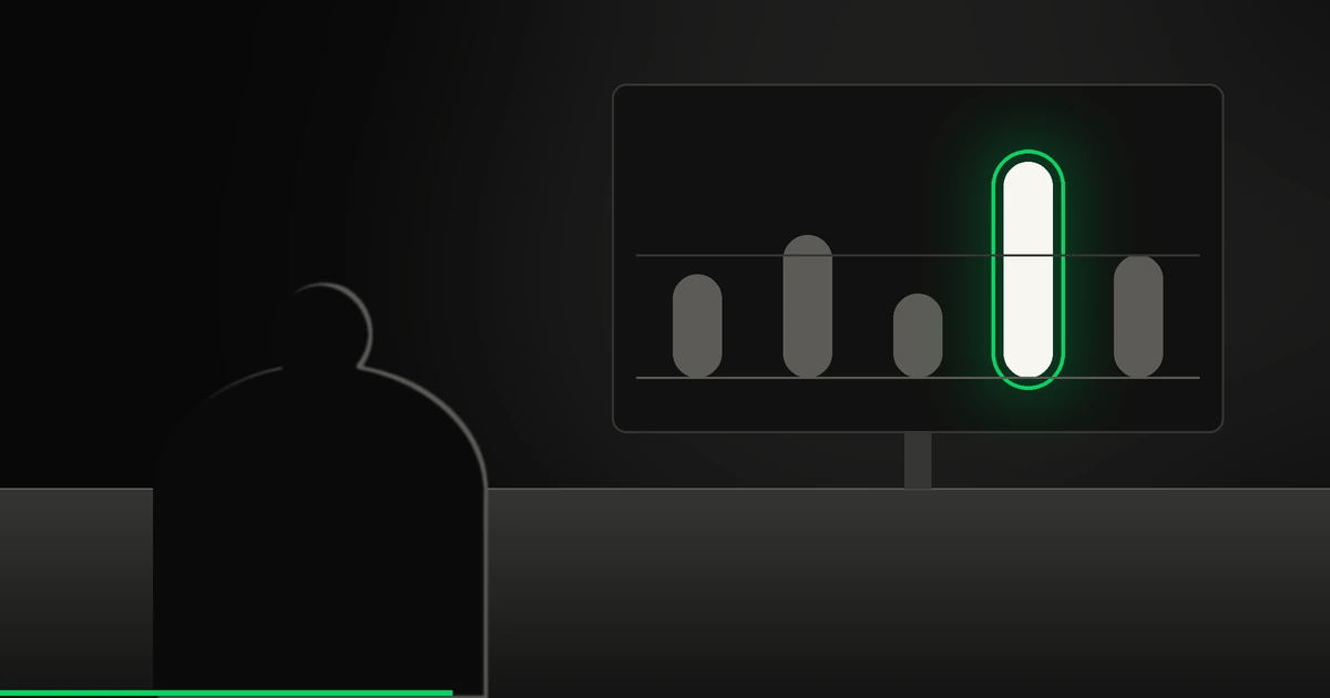 Silhouette de dos devant un écran affichant cinq jauges, dont une cernée de vert acide, palette Afervescence noir et crème.