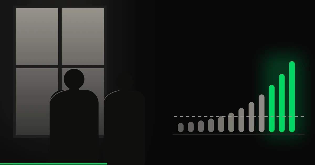 Deux silhouettes de dos devant une fenêtre, face à douze barres mensuelles qui montent du crème au vert acide.