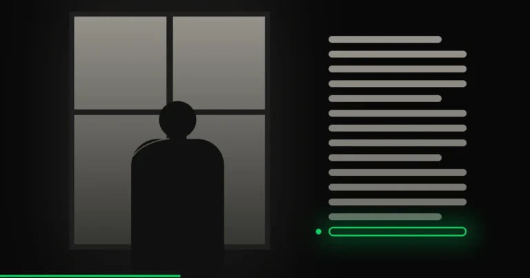 Silhouette de dos devant une fenêtre d'hôpital, dossier de quatorze pages dont la dernière manque, cernée de vert acide.