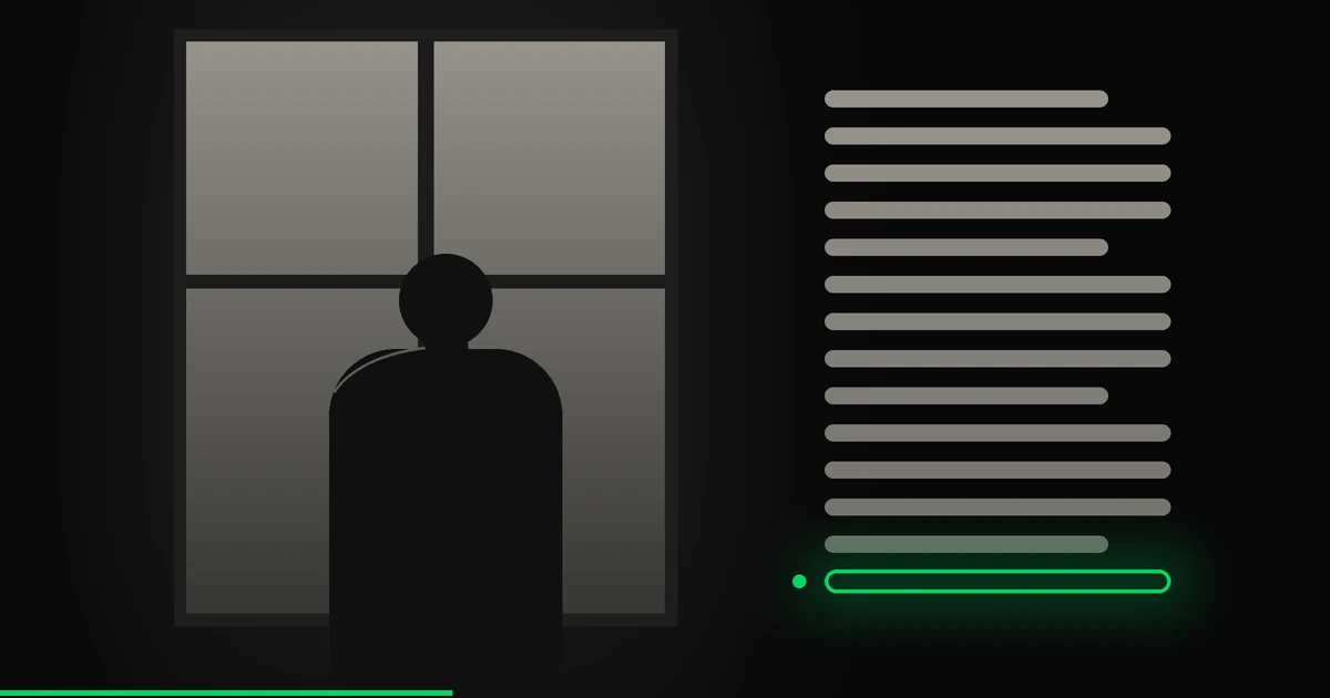 Silhouette de dos devant une fenêtre d'hôpital, dossier de quatorze pages dont la dernière manque, cernée de vert acide.