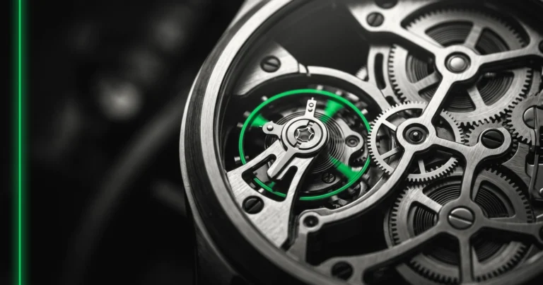 Gros plan sur le mouvement d'une montre mécanique, engrenages et balancier en pleine oscillation.