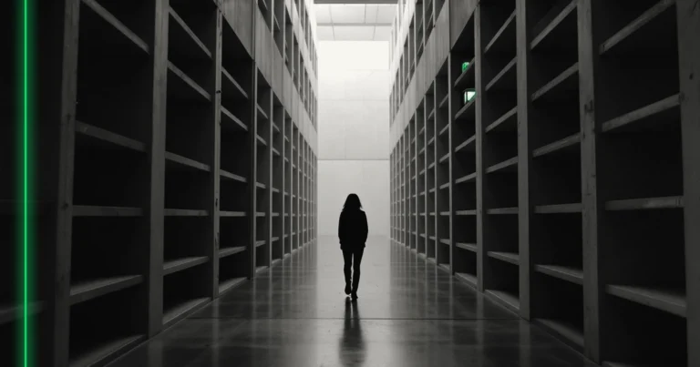Une silhouette s'éloigne dans un vaste entrepôt sombre aux hautes étagères presque vides.
