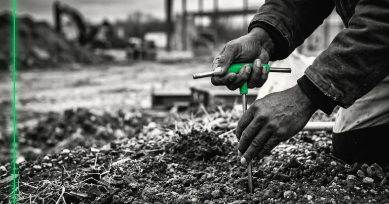 Les mains d'une personne enfoncent une sonde métallique dans le sol d'un terrain de chantier vide.