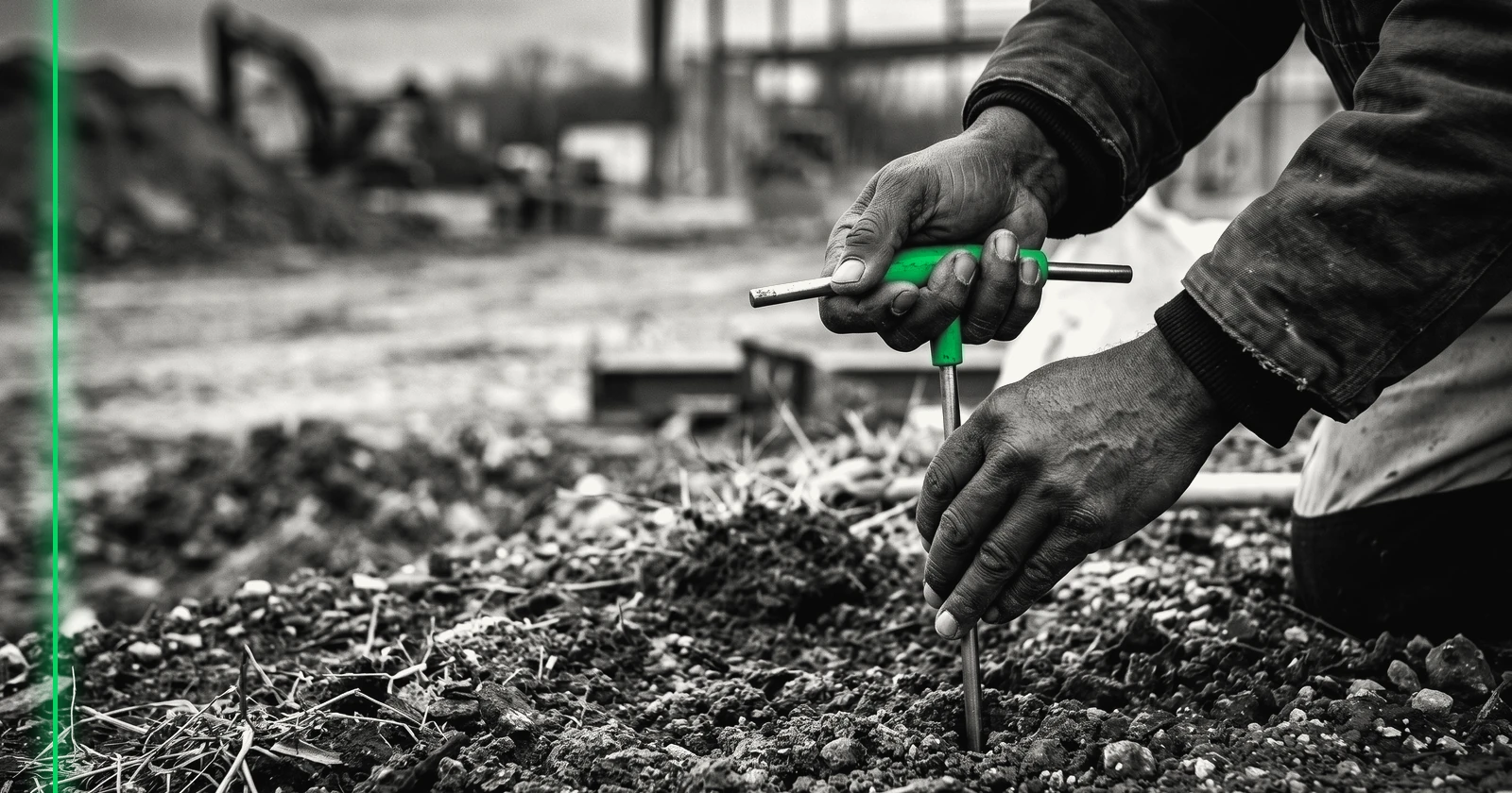 Les mains d'une personne enfoncent une sonde métallique dans le sol d'un terrain de chantier vide.