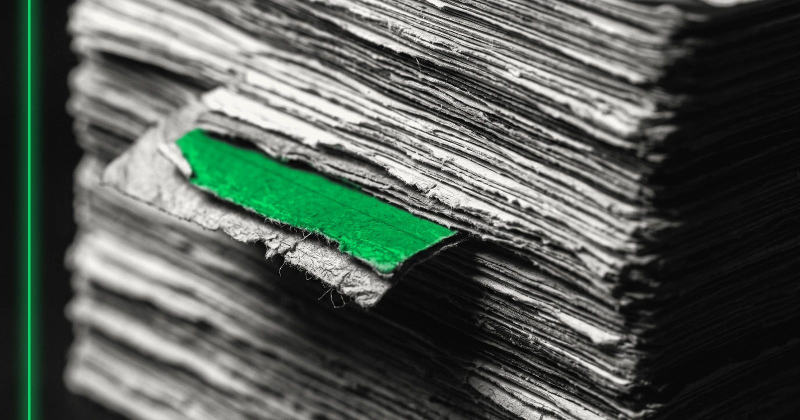 Gros plan sur la tranche d'une pile de fiches cartonnées, quelques fiches dépassent du rang.
