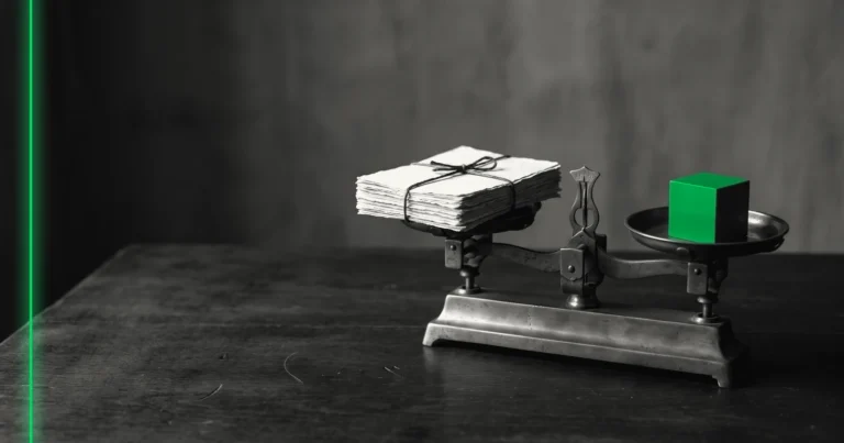 Une balance ancienne en laiton, une pile de papiers sur un plateau, un petit cube sur l'autre.