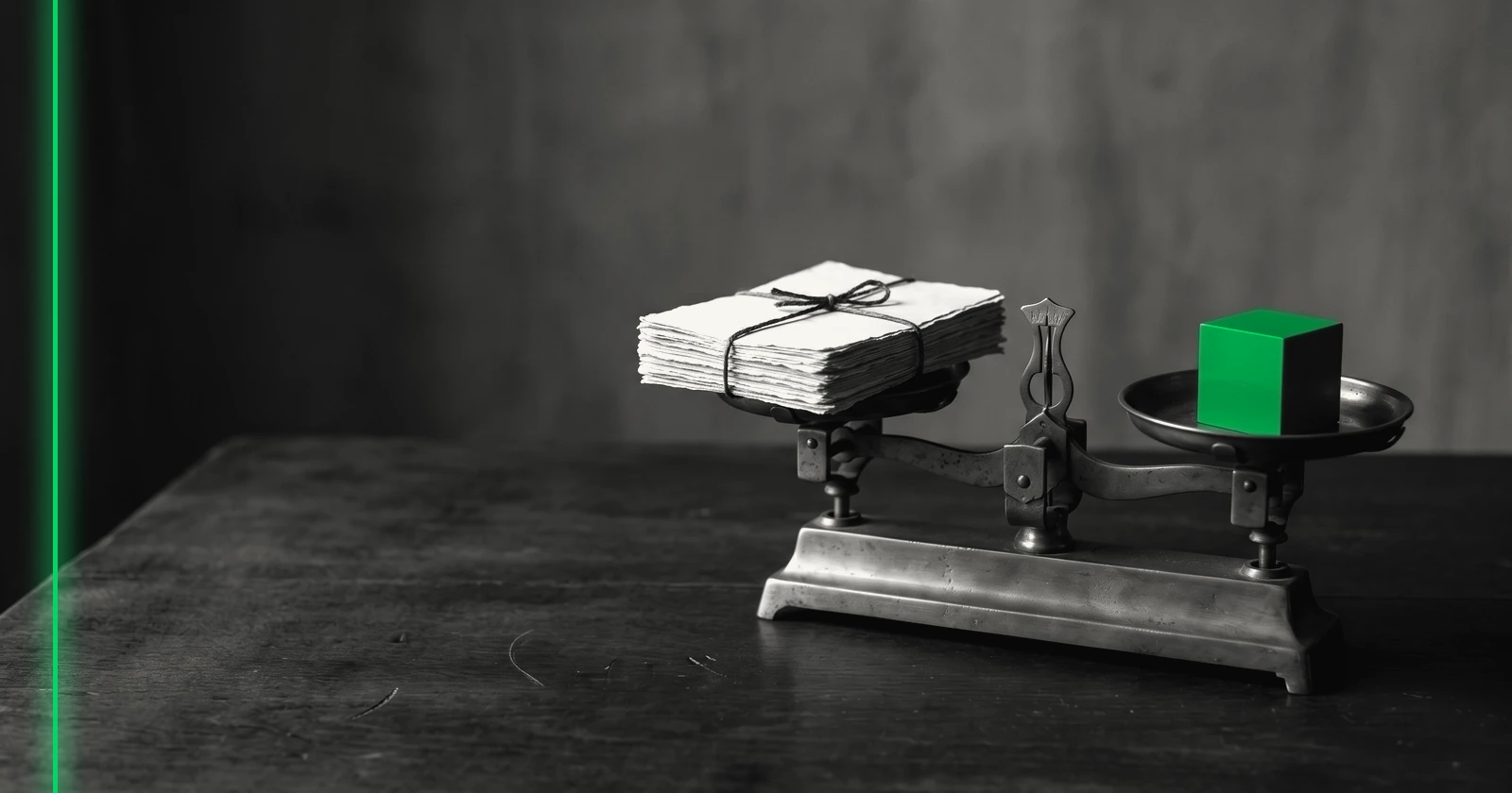 Une balance ancienne en laiton, une pile de papiers sur un plateau, un petit cube sur l'autre.