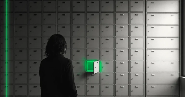 Vue de dos, une personne face à un grand mur de boîtes aux lettres identiques, une seule ouverte.