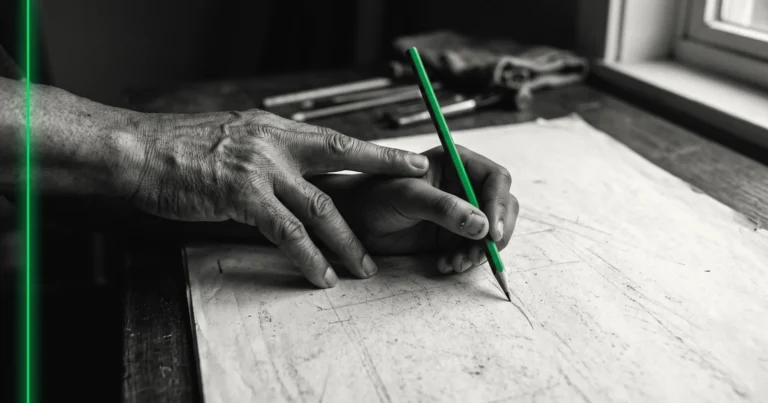 Une main âgée guide une main plus jeune qui tient un crayon au-dessus d'une feuille de dessin technique.