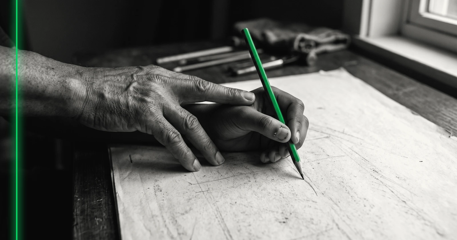 Une main âgée guide une main plus jeune qui tient un crayon au-dessus d'une feuille de dessin technique.
