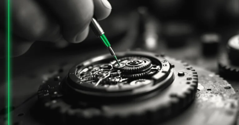 Des mains règlent avec un petit tournevis les engrenages d'un mécanisme d'horlogerie ouvert.