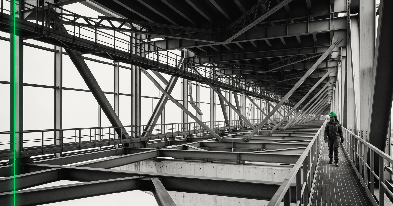 Vue d'en bas, une silhouette lointaine marche sous l'immense structure d'acier d'un pont.