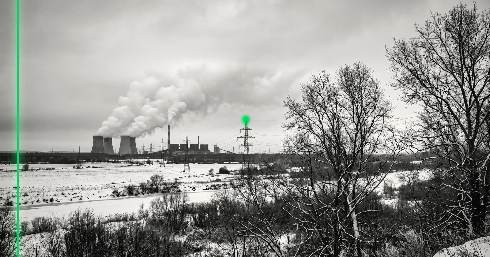 Paysage d'hiver, tours de refroidissement à l'horizon d'où monte la vapeur, arbres nus au premier plan.