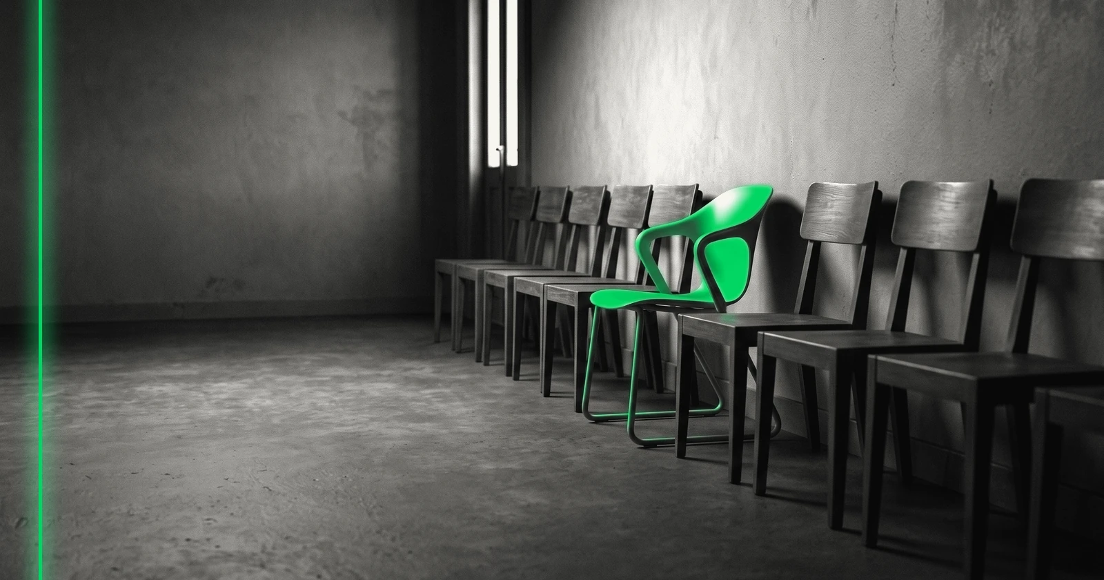 Une rangée de chaises identiques dans un couloir d'attente, une seule chaise de forme différente.