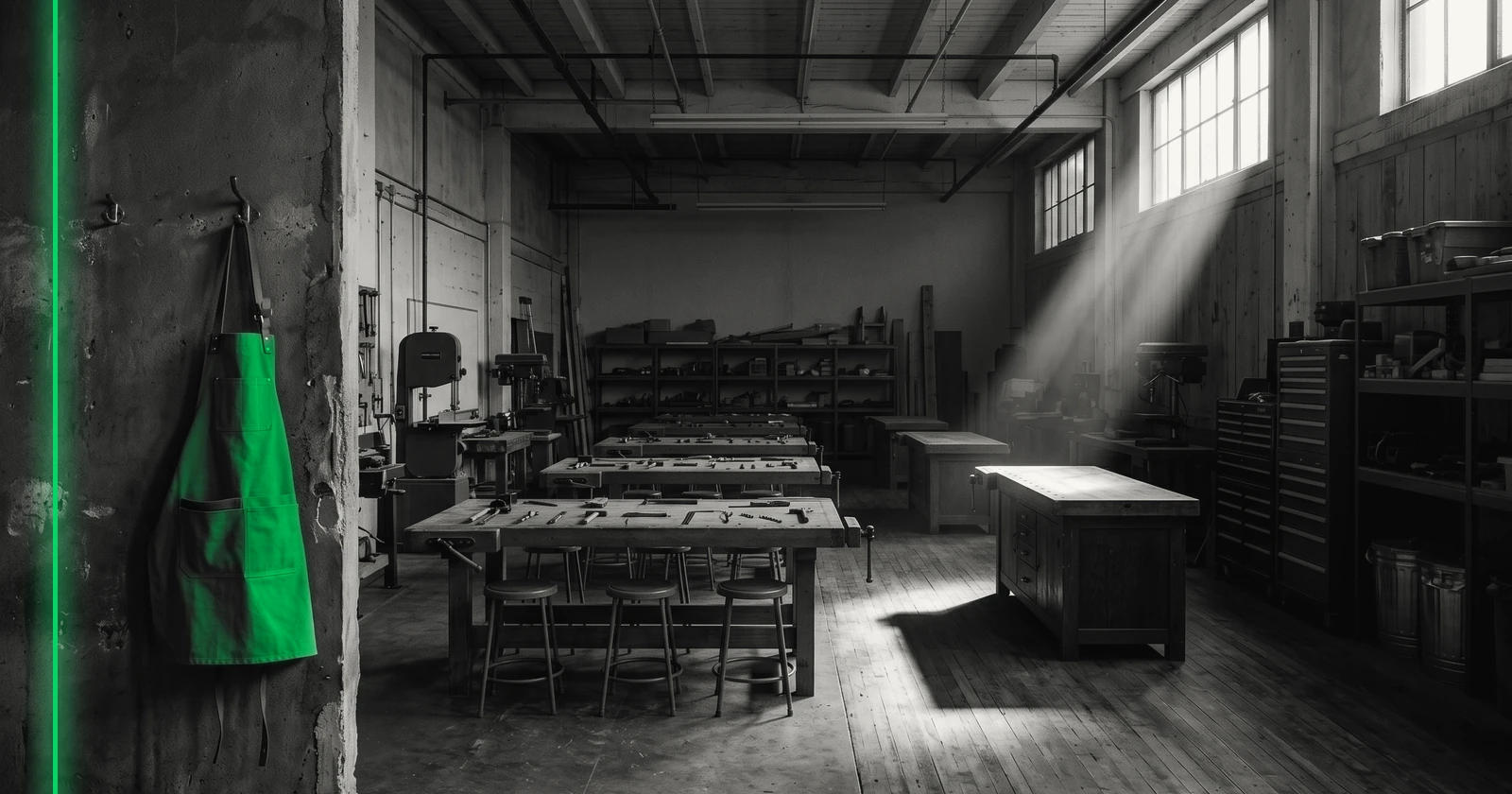 Un atelier de formation vide au petit matin, outils rangés sur les établis, lumière des hautes fenêtres.