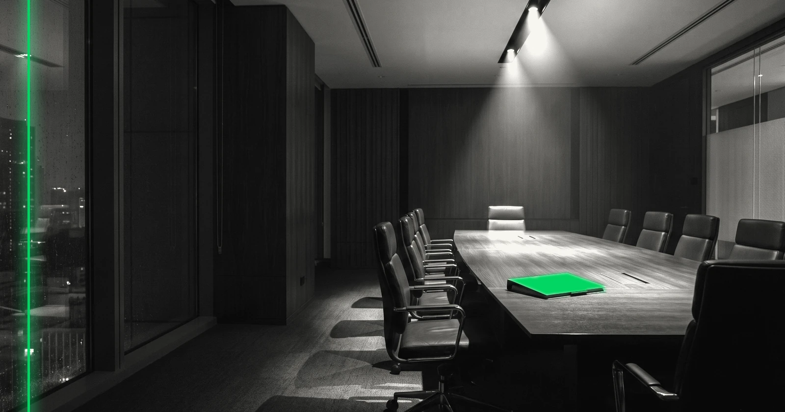 Une salle de conseil vide la nuit, chaises repoussées, un rai de lumière traverse la longue table.