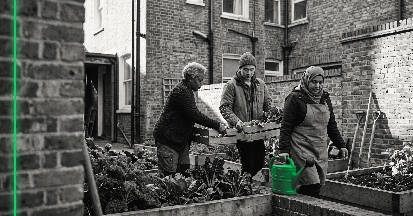 Deux ou trois personnes travaillent ensemble dans un potager partagé, au cœur d'une cour urbaine.