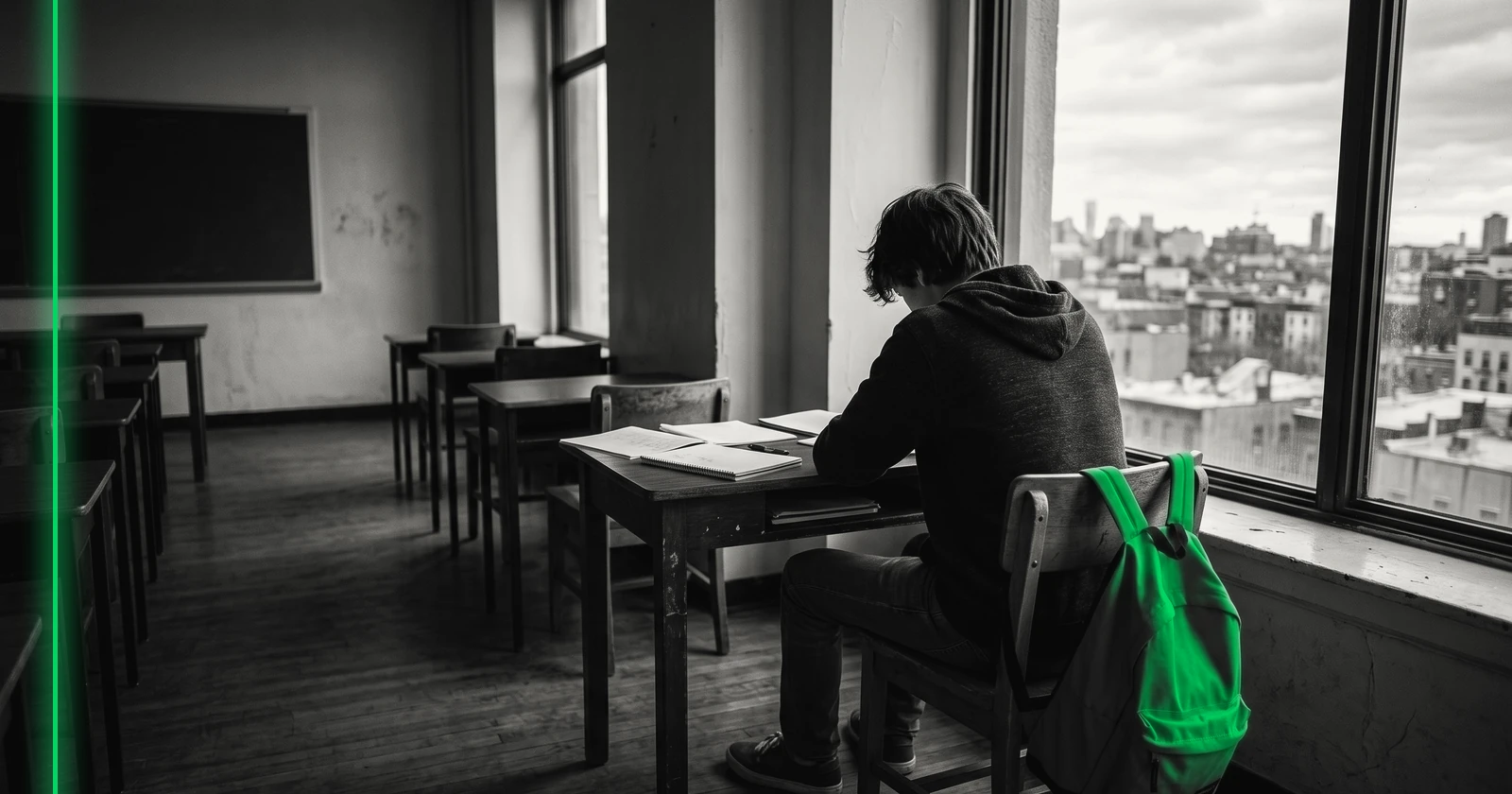 De dos, un ou une adolescente assis seul dans une salle de classe vide, près de la fenêtre.