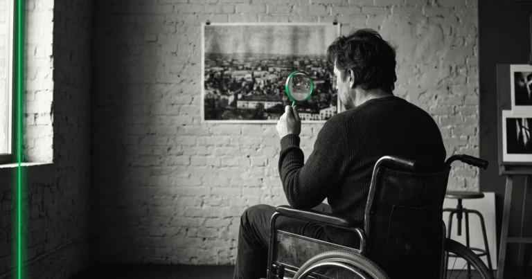Une personne vue de trois quarts dos examine à la loupe une grande photographie épinglée au mur.
