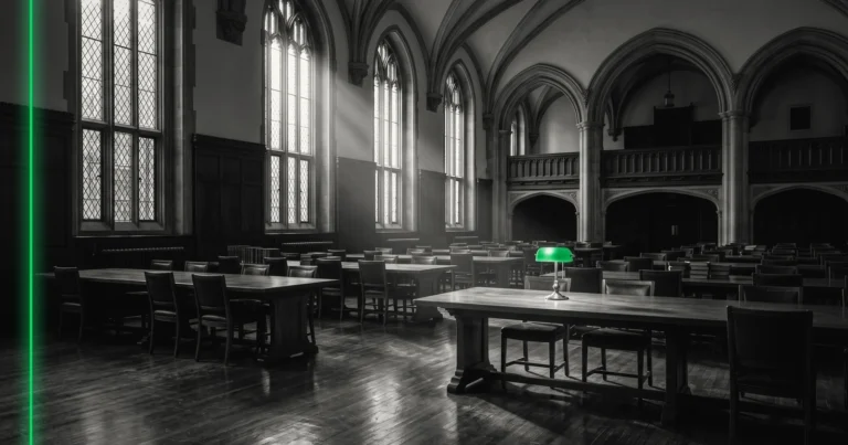 Salle de lecture d'une bibliothèque publique ancienne, vide, baignée par la lumière du matin.
