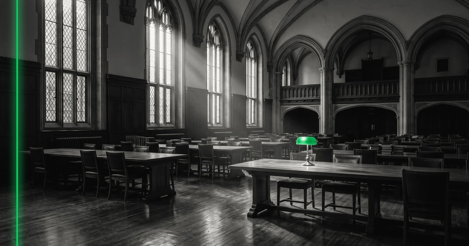 Salle de lecture d'une bibliothèque publique ancienne, vide, baignée par la lumière du matin.