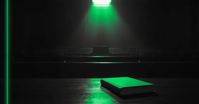 Une salle d'audience vide, bancs de bois, la lumière tombe sur l'estrade des juges.