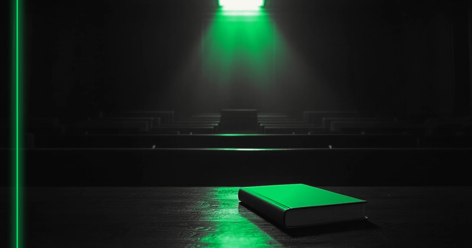 Une salle d'audience vide, bancs de bois, la lumière tombe sur l'estrade des juges.