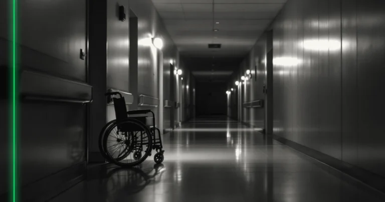 Un couloir d'hôpital vide la nuit, éclairage doux, un fauteuil roulant garé contre le mur.