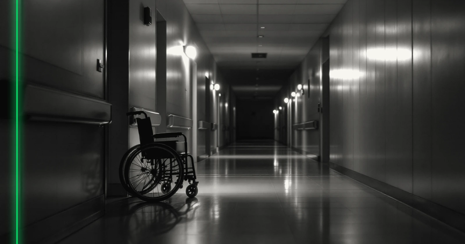 Un couloir d'hôpital vide la nuit, éclairage doux, un fauteuil roulant garé contre le mur.
