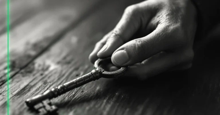 Une main tend une lourde clé ancienne à une autre main, au-dessus d'une surface en bois sombre.