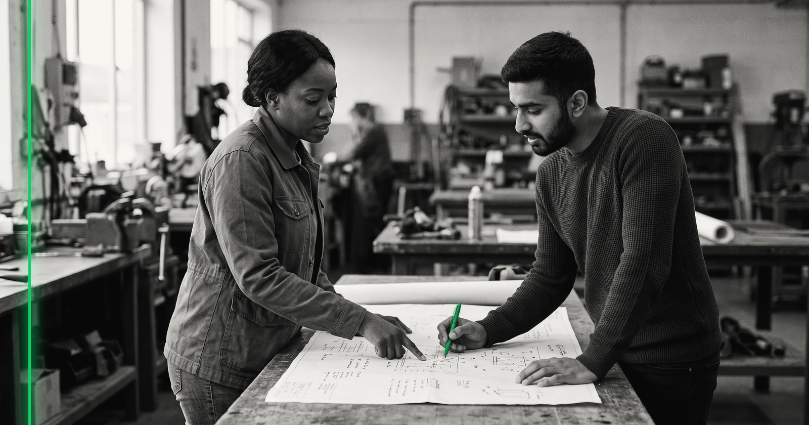 Deux collègues debout à un établi, l'un explique un plan papier à l'autre dans un atelier lumineux.