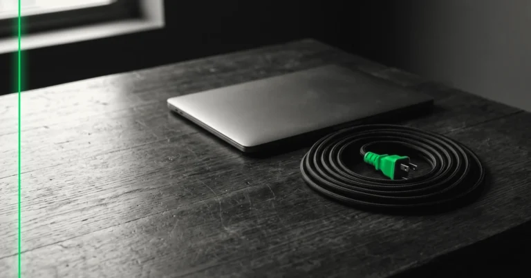 Un câble d'alimentation débranché, enroulé avec soin sur un bureau en bois à côté d'un portable fermé.