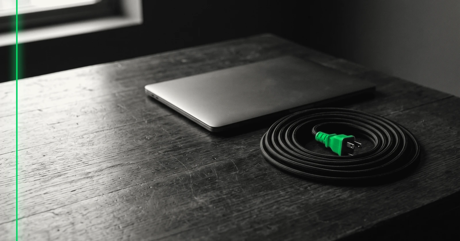 Un câble d'alimentation débranché, enroulé avec soin sur un bureau en bois à côté d'un portable fermé.