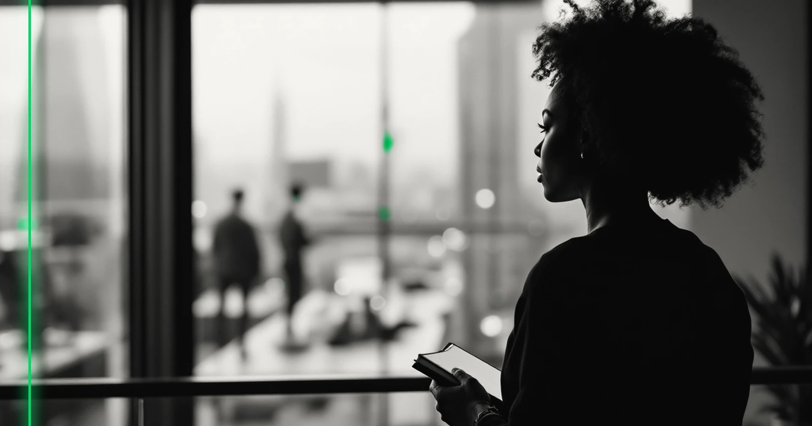Vue de dos, une personne observe depuis une mezzanine un grand espace de travail en contrebas.
