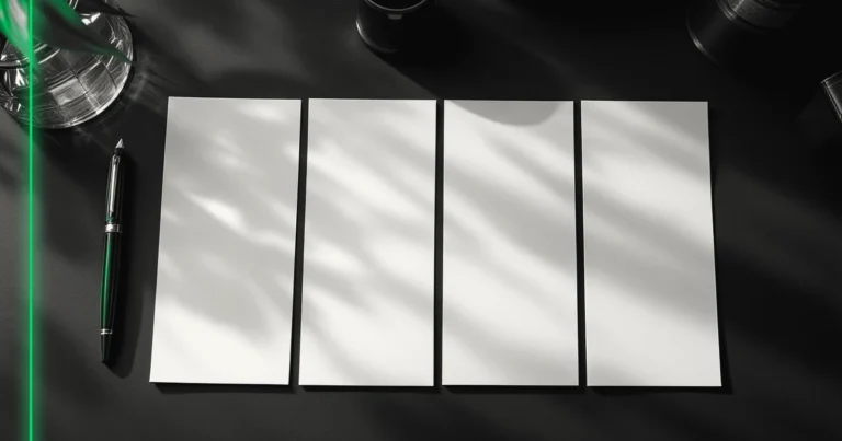 Quatre feuilles blanches alignées sur un grand bureau sombre, un stylo plume posé à côté.