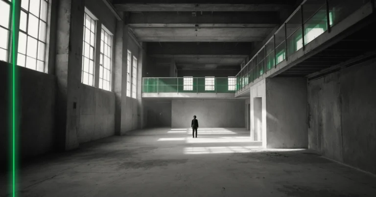 Une silhouette dans un bâtiment ancien en rénovation, échafaudages et poussière dans la lumière.