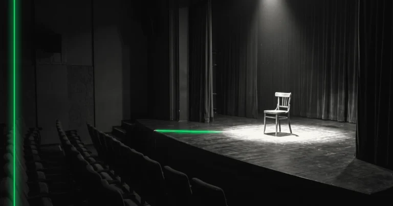 Une petite scène de théâtre vide, une chaise en bois sous un projecteur, la salle dans l'ombre.