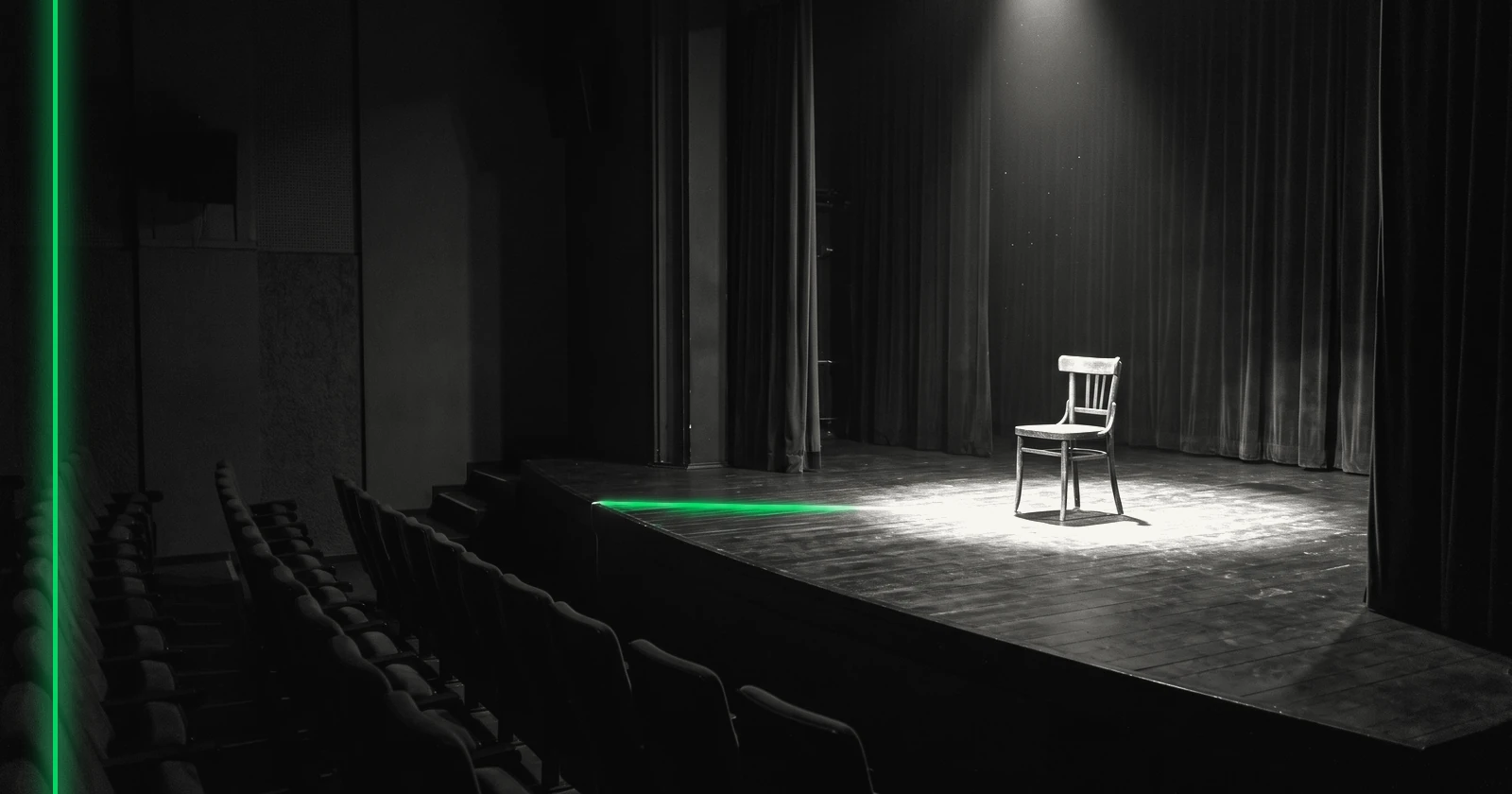 Une petite scène de théâtre vide, une chaise en bois sous un projecteur, la salle dans l'ombre.