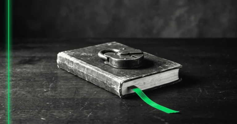 Petit registre fermé posé sur un bureau sombre avec un cadenas en laiton, un signet vert acide qui dépasse, palette Afervescence noir et crème.