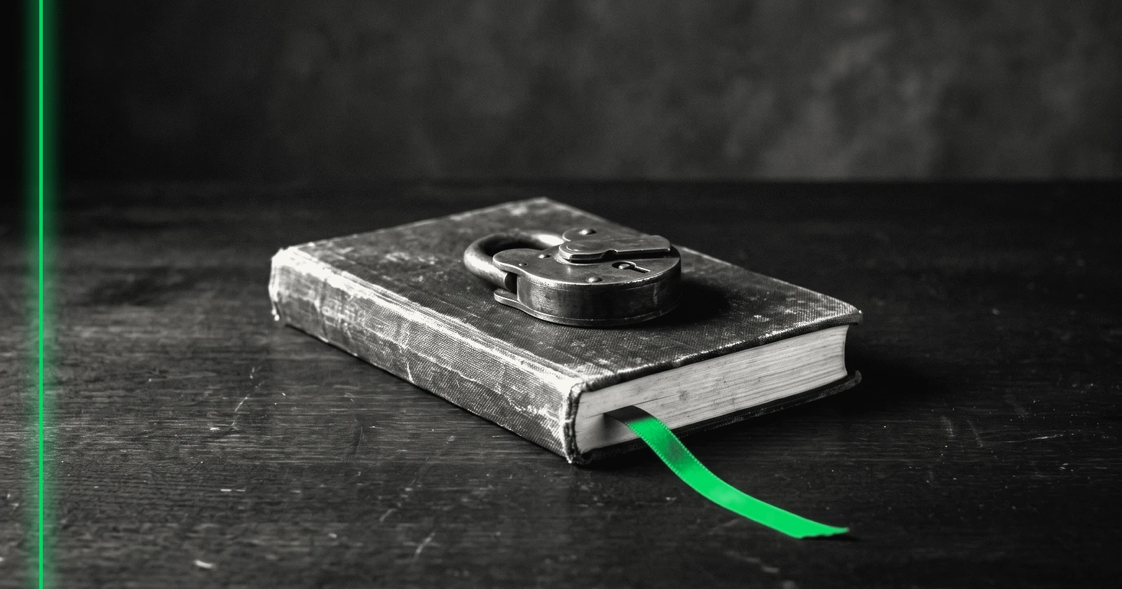 Petit registre fermé posé sur un bureau sombre avec un cadenas en laiton, un signet vert acide qui dépasse, palette Afervescence noir et crème.