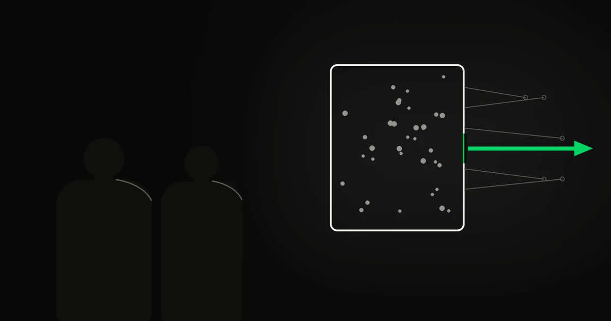 Deux silhouettes de dos face à un périmètre crème dont s'échappent des flux fins et un flux vert qui franchit une porte.
