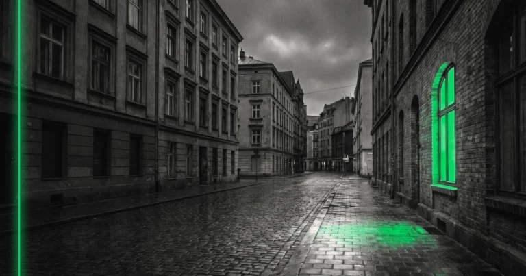 Une rue la nuit pendant une coupure de courant, toutes les fenêtres éteintes sauf une.